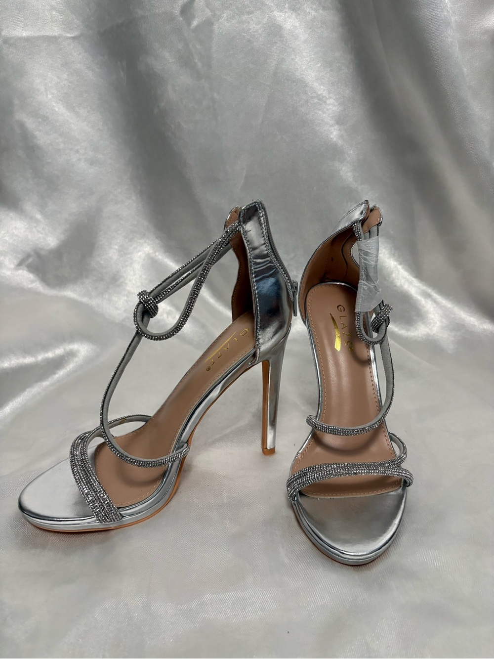 Glaze Silver Strappy Crystal-Tied Stiletto Heels